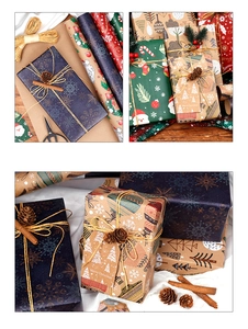 Close-up of vintage kraft Christmas wrapping paper set with reindeer and snowflake patterns