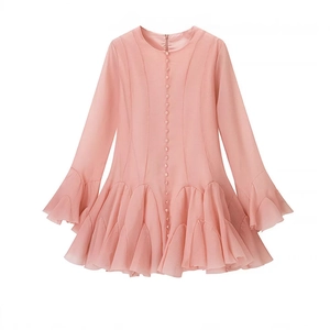 Pink ruffle hem mini dress with long sleeves and front buttons on a white background