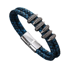 Men's retro braided genuine leather bracelet in blue and black with silver magnetic clasp