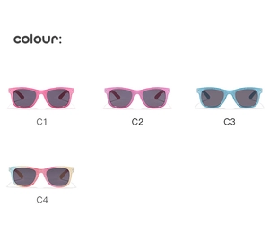 Detailed view of kids square glitter sunglasses in four vibrant color options