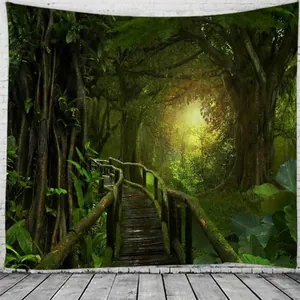 Detail of forest path wall tapestry showing a wooden walkway amidst lush greenery and old trees