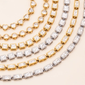 Minimalist 18K gold stainless steel tennis bracelet with white square zircon charms