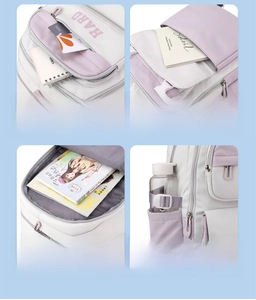 Detail of school backpack storage compartments with zipper mesh and side pockets