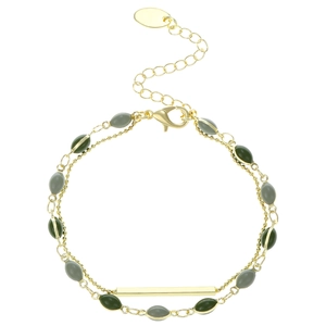 Bracciale a doppio strato vintage dorato con perline ovali verde smeraldo e catena regolabile