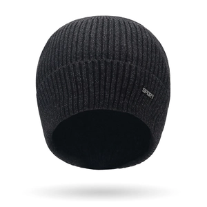Winter core yarn knit beanie with ear flaps and SPORT metal tag in dark grey