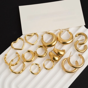 French vintage style titanium steel gold hoop earrings set with heart and bamboo textures