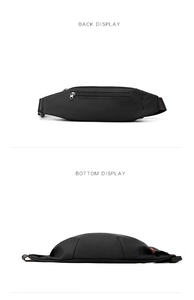 Detailed back and bottom view of mini black nylon waist bag with rear zipper pocket