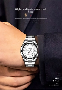 Close-up of silver stainless steel watch with white octagonal dial on a man's wrist