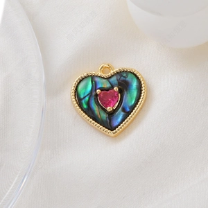 18K gold plated heart pendant with abalone shell and red stone for jewelry making