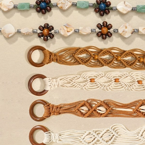 Bohemian hand-woven belts with wooden rings shells and beads for summer dresses