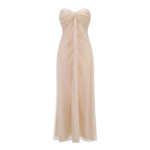 Elegante abito da sera a fascia color champagne con strass e tessuto in tulle mesh