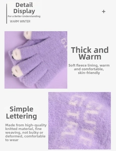 Detail of purple winter knit gloves with soft fleece lining and Cute Girl embroidery