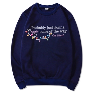 Navy blue Christmas hoodie with funny jingle quote and festive light string pattern