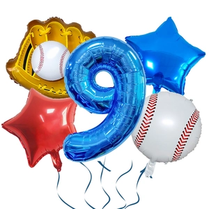 Detailed set of 5 baseball theme foil balloons featuring a large blue number 9 and glove