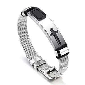 Adjustable stainless steel mesh bracelet with black cross element for men and women