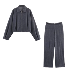 Women Pants Outfits Dark Grey Twill Jacket And High Waist Wide Leg Trousers Casual Streetwear Fashion For Lady