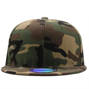 Detail of a camouflage snapback cap with flat brim and colorful holographic sticker