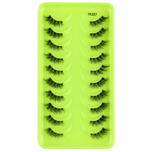 Detailed close-up of 10 pairs of black natural long false eyelashes on a light green tray