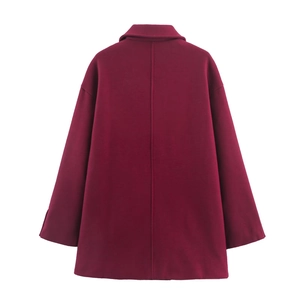 Back view of a classic wine red double-breasted wool coat with notch lapels