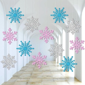 Glitter snowflake hanging ornaments in blue pink and silver for Christmas party decor