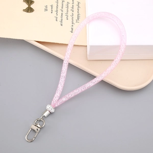 Roze pailletten mesh telefoonkoord met strass metalen ring en zilveren karabijnsluiting