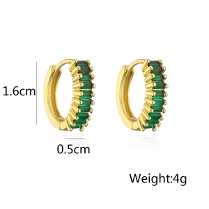 Detailed view of 18K gold plated hoop earrings with green baguette zircon and dimensions