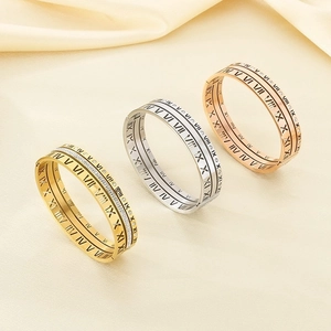 Luxury stainless steel roman numeral hollow bangles with crystals in gold, silver, rose gold
