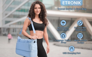 Detail of light blue waterproof gym bag with built-in USB port and wet dry compartment