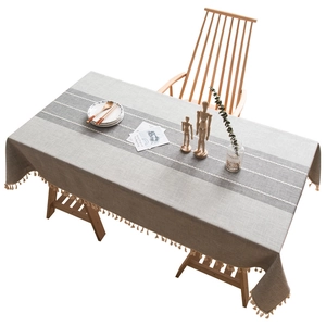 Waterproof linen texture tablecloth with gray stripes and elegant beige tassel edges