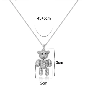 Iced-out teddy bear pendant necklace with sparkling cubic zirconia on a 45+5cm silver chain