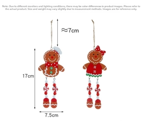 Detail of wooden gingerbread man ornaments with beaded legs and 17cm size markings