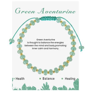 Detail of adjustable green aventurine stone bracelet on a botanical healing display card