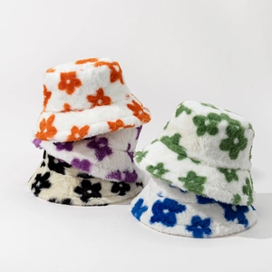 Plush floral bucket hats in multiple colors made of thick faux rabbit fur for winter warmth