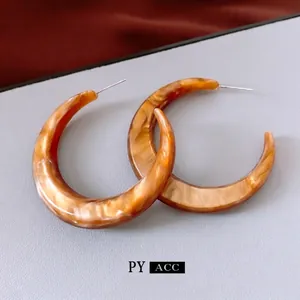 Vintage C-Shape Hoop Earrings Resin Marble Texture With Silver Earring Post Retro Geometric Jewelry For Women