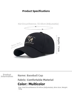 Detailed product dimensions for black cotton baseball cap with gold palm tree embroidery