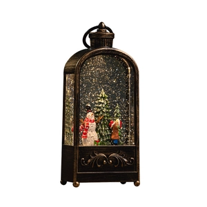 Bronze Christmas lantern with snowman scene, sparkling glitter, and festive warm lighting