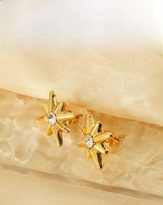Detail shot of starburst stud earrings with zircon in 18K gold plated titanium steel