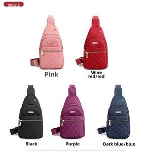 Quilted nylon chest bags in pink, red, black, purple, and blue colors with gold zippers