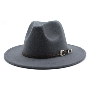 Detail of dark grey wool fedora with brown leather band and ornate silver buckle