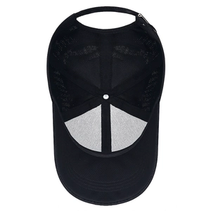 Inside view of black camouflage baseball cap with six-panel stitching and metal buckle