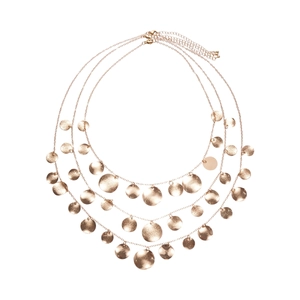 Three-layer gold layered necklace with geometric hammered discs and polished finish