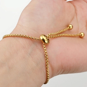 Adjustable 18k gold plated stainless steel box chain bracelet with slider clasp