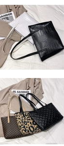 Detail view of crocodile pattern, leopard print, and quilted tote bags for daily use