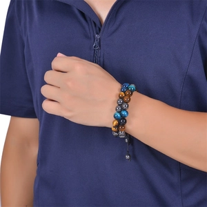 Men's double layer tiger eye and hematite stone beaded bracelet on wrist