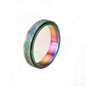 Macro detail of rainbow frosted spinner ring with colorful sandblast texture finish