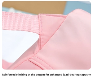 Close-up of reinforced high-density stitching on pink fabric children backpack straps