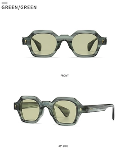 Front and side views of green narrow rectangular sunglasses with arrow rivets