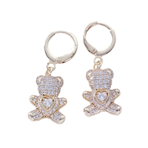Golden bear earrings with sparkling zircon inlay and heart stone on white background