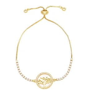 Elegant adjustable gold box chain bracelet with a sparkling tree of life pendant