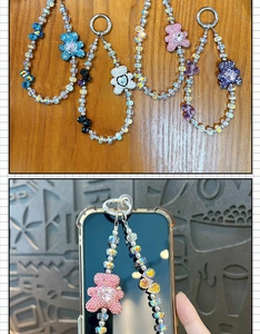 Detail view of cute beaded phone charms featuring sparkly rhinestone bears and crystals
